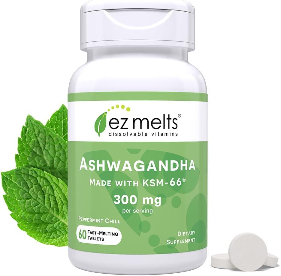 EZ Melts Dissolvable KSM-66 Ashwagandha, 300 mg, Sugar-Free, Stress, Sleep and Mood Support Supplement, 30-Day Supply, Peppermint Chill-Flavor, Expiration Date 07/2025