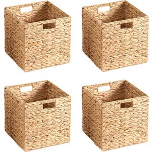 11x11x11 Wicker Storage Basket Set of 4, Water Hyacinth Woven Basket with Handles, Wicker Cube Storage Bins for Shelves, Foldable Square Storage Cubes for Living Room Bedroom Organizing, Natural
