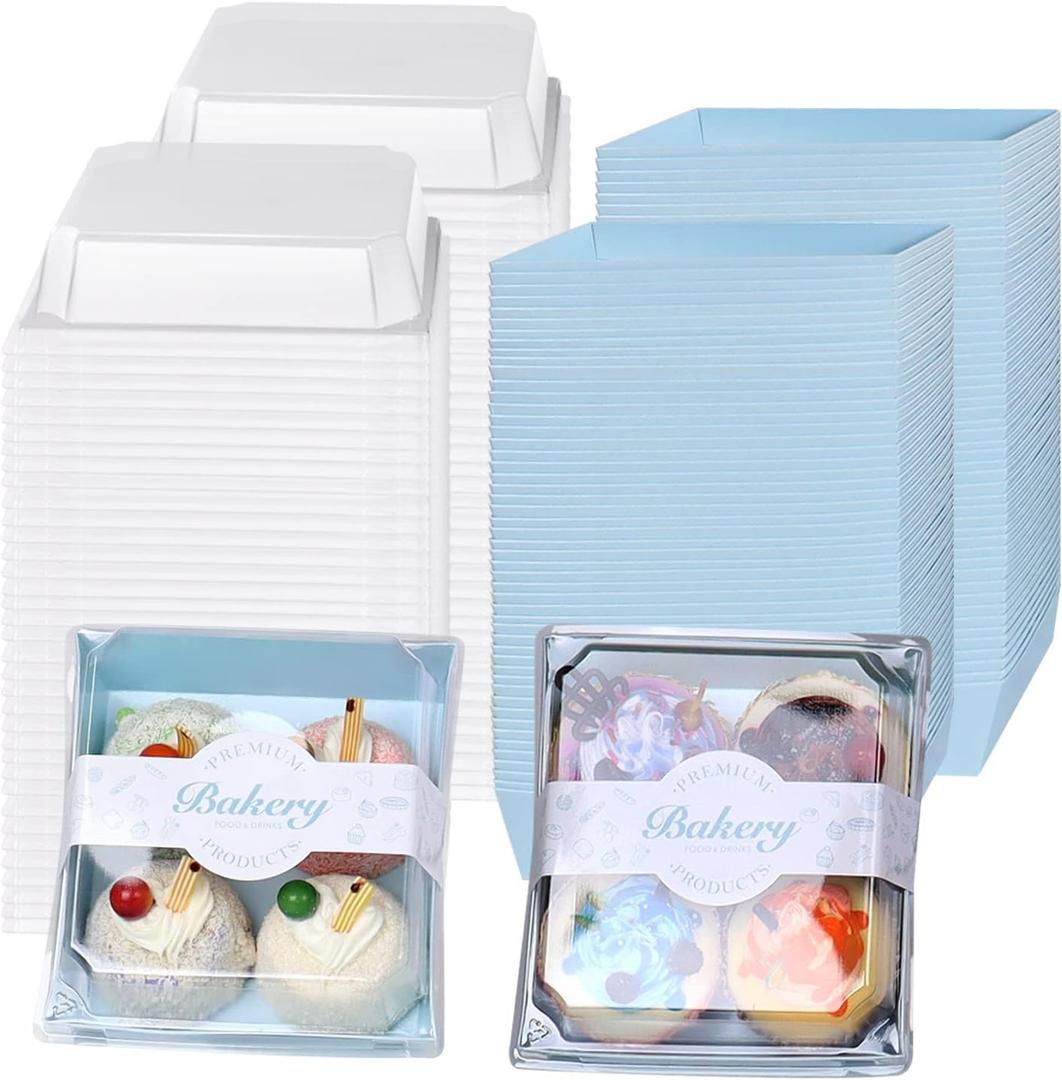 100 Pack Paper Charcuterie Boxes, 5.3x4.9x2.5 Inches Square Disposable Food Containers, Bakery Boxes with Clear Secure Lids for Sandwich Slice Cake Cookies (Blue)