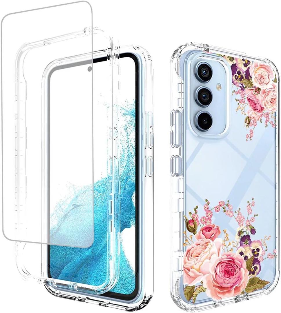 Case for Galaxy A54 5G Case, Samsung A54 5G SM-A546U Case with Tempered Glass Screen Protector, Full Body Floral Bumper Shockproof Protective Phone Cover for Samsung Galaxy A54 5G Rose Flower