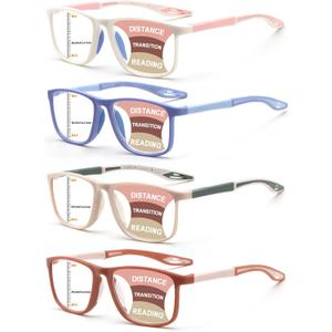 BLOEXCLU 4 Pack Progressive Multifocus Reading Glasses for Men Women TR90 Sports Style Anti-Blue Light Computer Readers, 2x