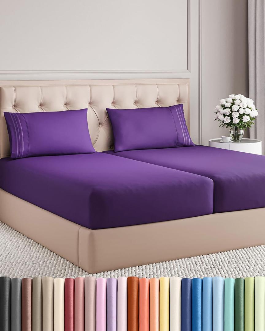 Split King Size 5 Piece Sheet Set - Comfy Breathable & Cooling Sheets - Hotel Luxury Bed Sheets for Women & Men - Deep Pockets, Easy-Fit, Soft and Wrinkle Free Sheets - Purple Oeko-Tex Bed Sheet Set