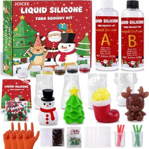 JOICEE Christmas Taba Squishy Kit, DIY Xmas Squishy Making Kit 18OZ AB Liquid Silicone with Xmas Tree Stocking Snowman Reindeer Molds for Make Your Own Christmas Soft Squishies Party Favors Gifts