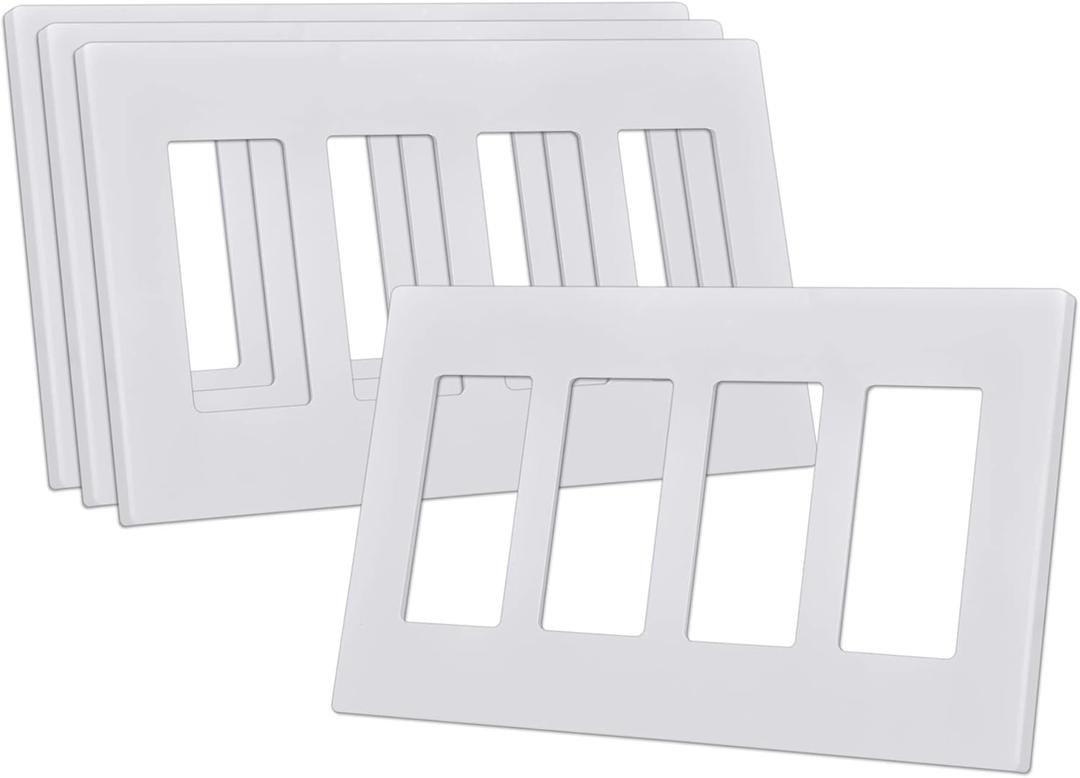 CML 4-Gang Screwless Decorator Wall Plate, White Outlet Covers, 4 Pack Hidden Wall Safe Switch Plate, Standard Size 4.68”X 8.34”, Impact Resistant