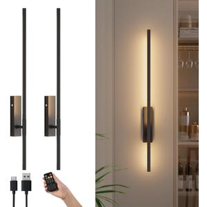 Battery Operated Wall Sconces with Remote Control, 6W 6000mAh Dimmable Wireless Wall Sconces Set of 2, Rechargeable Wall Lights Indoor for Living Room Bedroom Hallway, 32.7inch, 2 Pack,Black