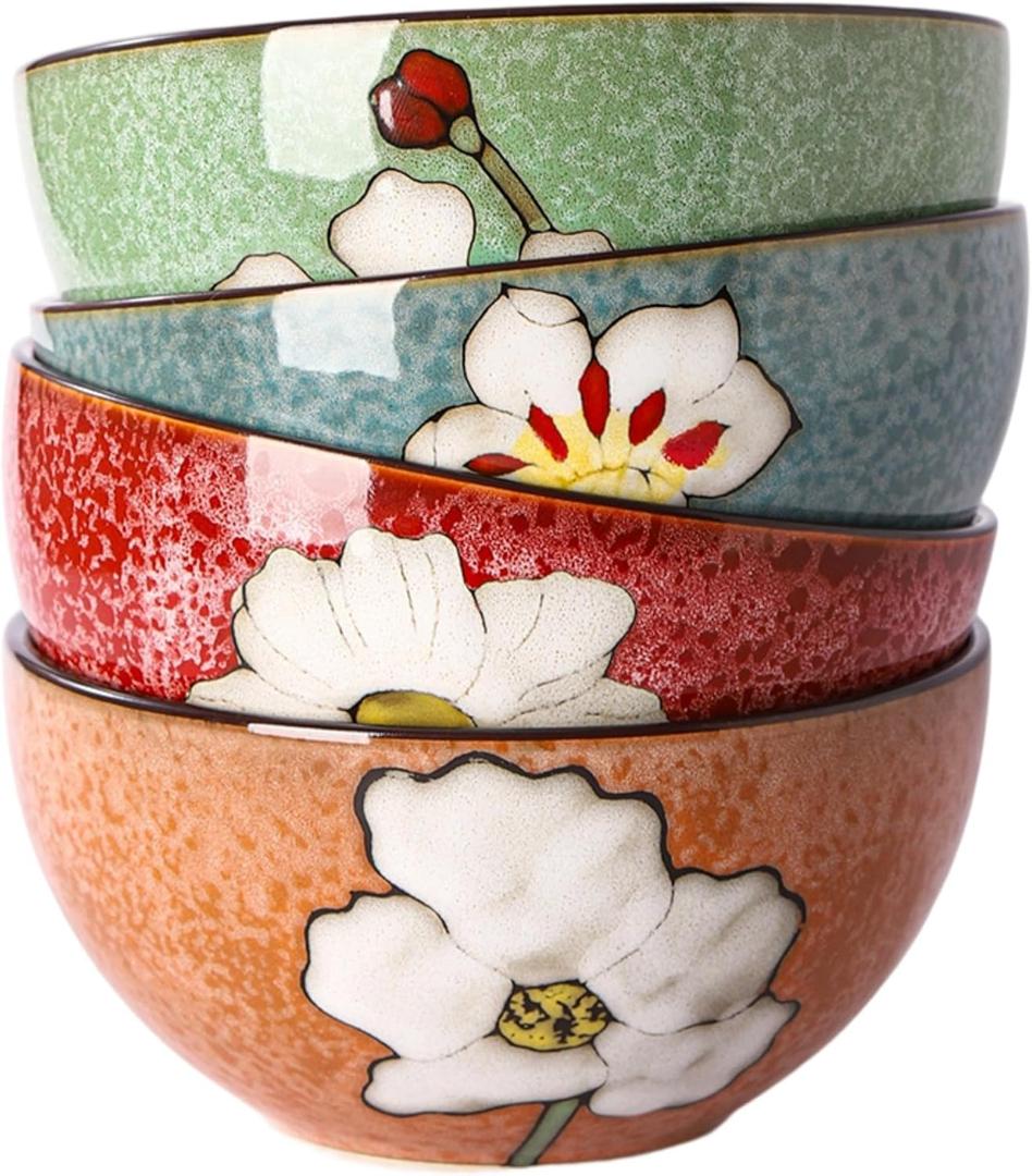 Ceramic Soup Bowls for Kitchen, 28oz Flower Bowls Set of 4, Suitable for Breakfast, Lunch, Dinner, Ideal for Ramen, Cereal, Pasta, Grains, Salads, Gifts, Kitchen Decoration
