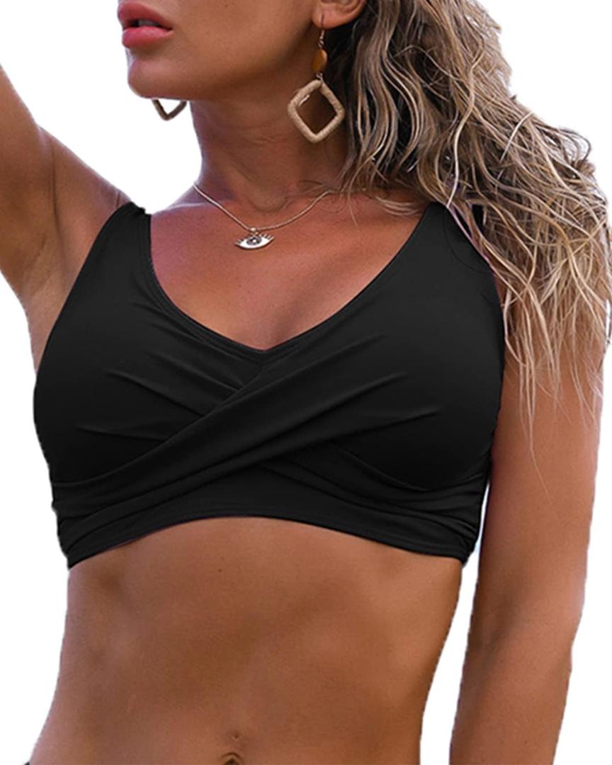 Fanuerg Women's Twist Front Bikini Top V Neck Push Up Padded Swimsuit Top Bathing Suits (XX-Large, 01- Black)