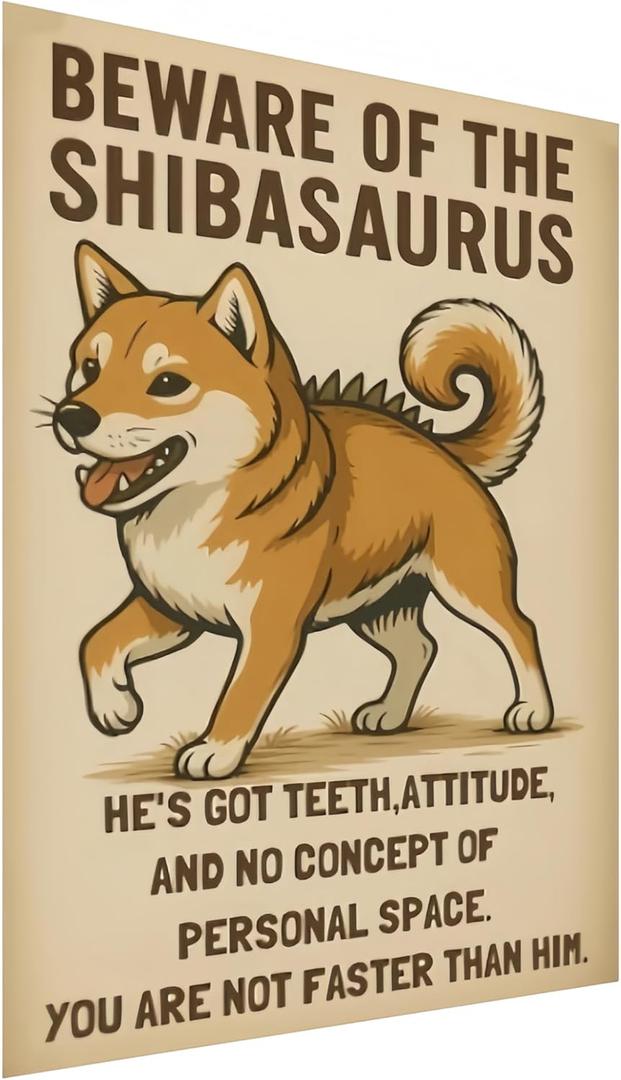 Vintage Dinosaur Shiba Inu Tin Sign, Fun Wall Art for Indoor and Outdoor Decor - Beware of Animals Decorative Metal Poster 12x8 Inch (Multicolor-9214)
