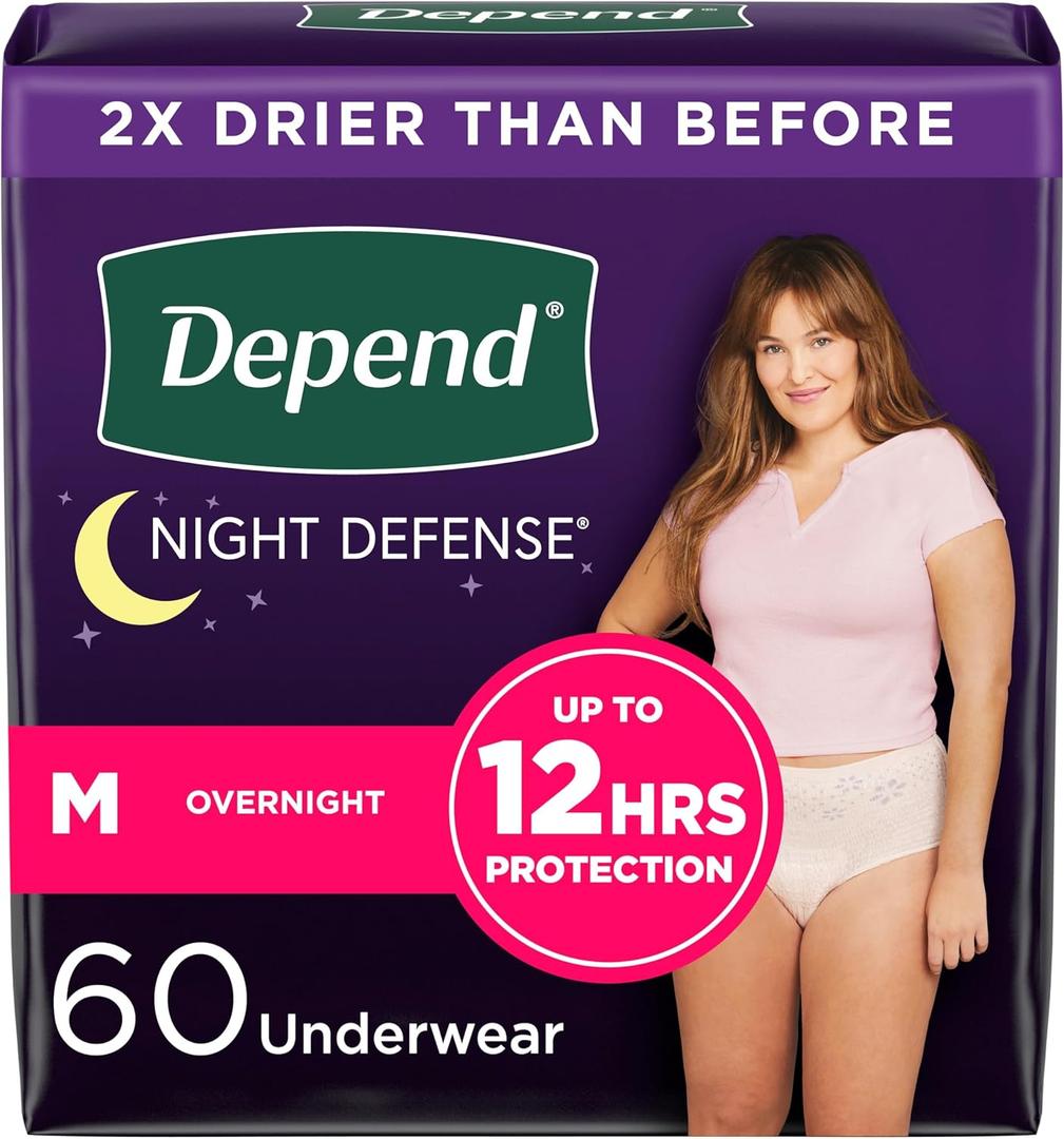 Depend Night Defense Adult Incontinence & Postpartum Bladder Leak Underwear for Women, Disposable, Overnight, Medium, Blush, 60 Count (4 Packs of 15), Packaging May Vary (Medium)