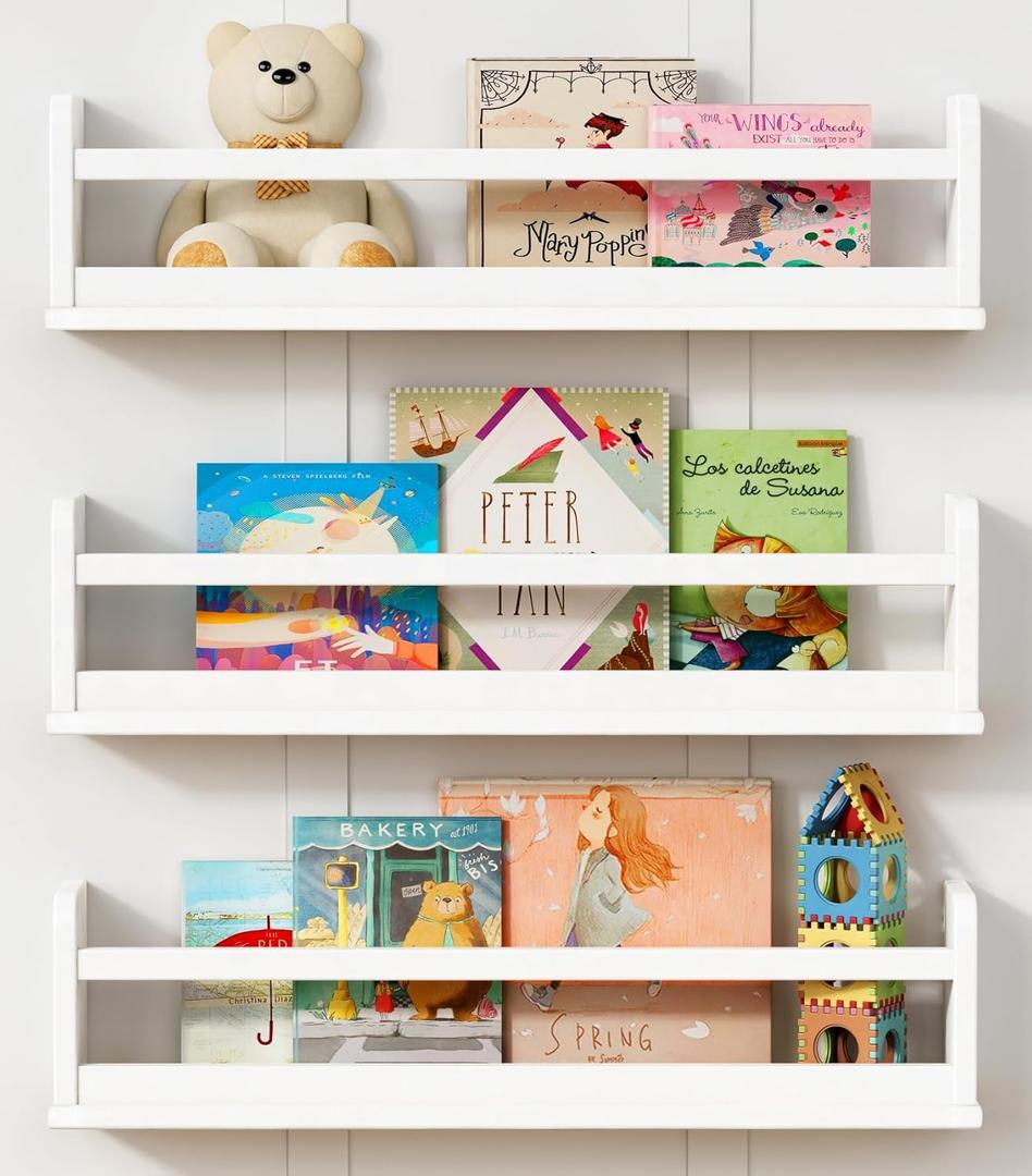 White Wall Bookshelf for Kids Room, 24 Inch Toddler Nursery Bookshelf Wall Mounted for Baby Boy Girl Bedroom, Floating Childrens Book Shelves with Hanging Rod for Books - Set of 3