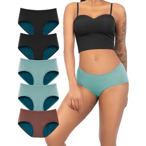 TIICHOO Period Underwear for Women Heavy Flow Soft Menstrual Panties Teens Ladies Leakproof Incontinence 5 Pack (Large, 2 Black/2 Turquoise/1 Brown)