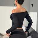 YEOREO Sophie Women Off Shoulder Long Sleeve Shirts Double Lined Basic Undershirt Y2K Going Out Tops (Black, S)