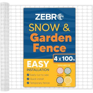 ZEBRO 4' x 100' White Plastic Garden Fence Roll  Standard Duty Safety Netting for Snow, Poultry, Deer, Dogs  Reusable Outdoor Barrier for Yard, Landscaping, Animal Protection