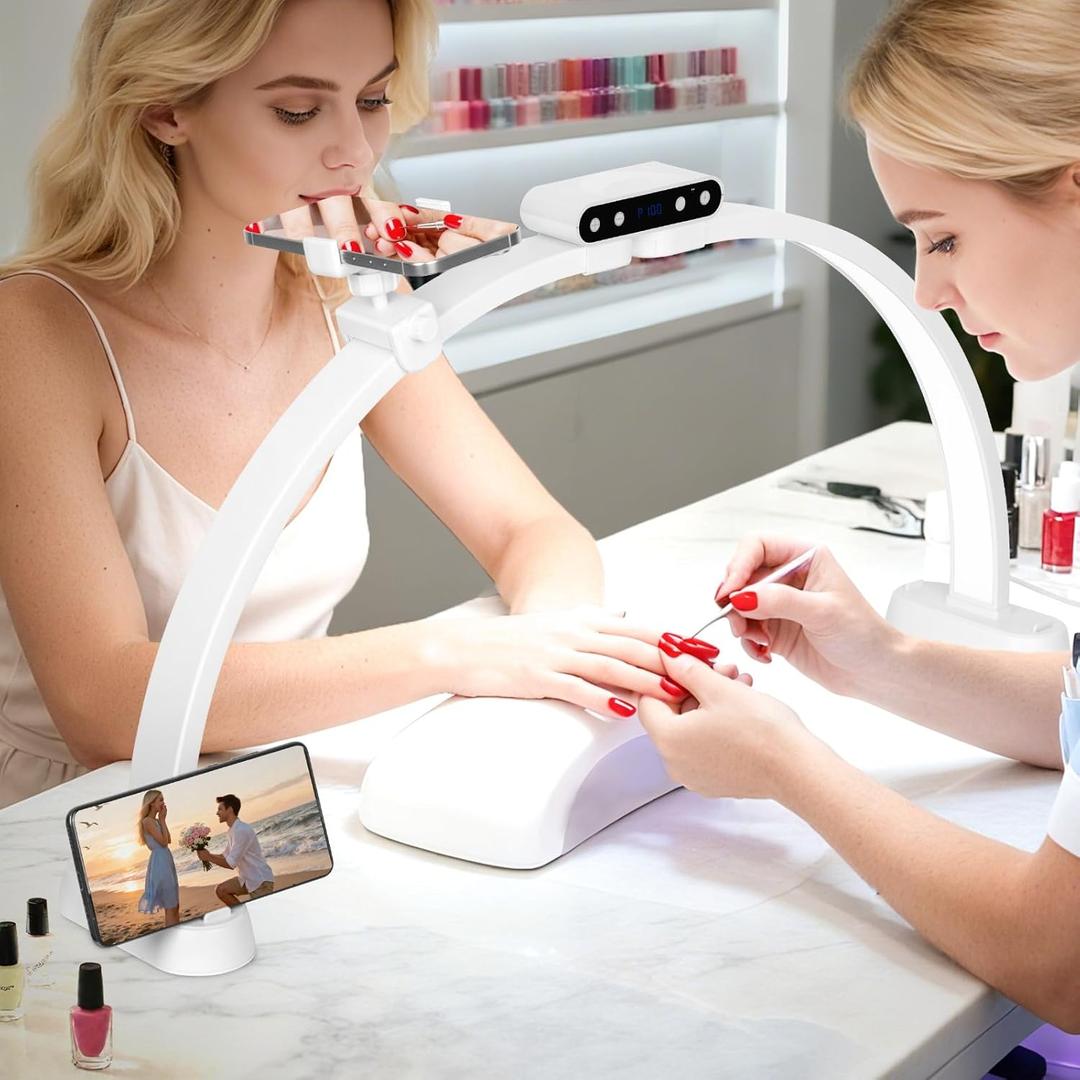 KIRKAS 29inch Large Half Moon Light for Nail Tech, 456 LEDs 3 Color Modes Infinitely Knob Arch Nail Light with Screen and Phone Holder Charging Function, Foldable Lighted Lamp for Manicure,Craft-White