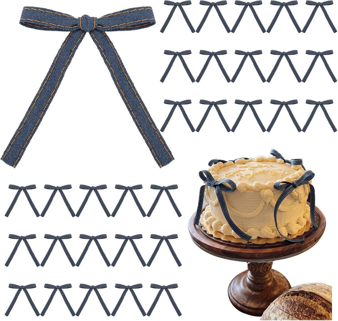 30 Pack Denim Bow Cake Decorations Jean Bow Birthday Cake Toppers with Silver Twist Ties Western Rustic Decorations for Birthday Baby Shower Wedding Country Party Supplies
