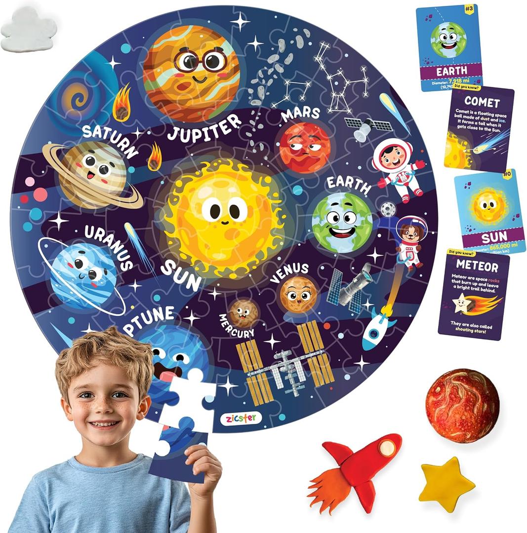 Jumbo 70 Piece Round Floor Puzzles for Kids Ages 3-5, 6-8, Large Jigsaw Puzzle with Solar System and Planets, Educational Flash Cards and 3D Figures Educational Gift