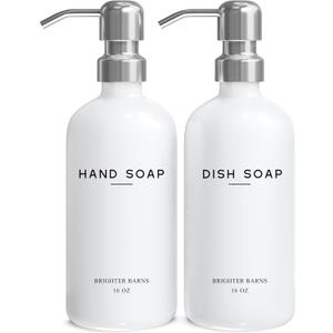 White Glass Hand and Dish Soap Dispenser Set by Brighter Barns - Modern Kitchen Soap Dispenser Set & Pump for Sink - Farmhouse Home Decor, Minimalist Kitchen Accessories (White)