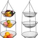 3-Tier Wire Fruit Hanging Basket 2 Packs,non-Punching Wall Hanging Storage,Kitchen Bathroom Organization Basket,Suitable for Bathroom,Kitchen,Closet,Garden,Black