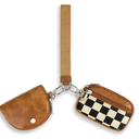 Checkered Dual Pouch Keychain Wallet for Women, Small Mini Zip Leather Coin Purse with Wrist Strap,wristlet hangbags, Brown