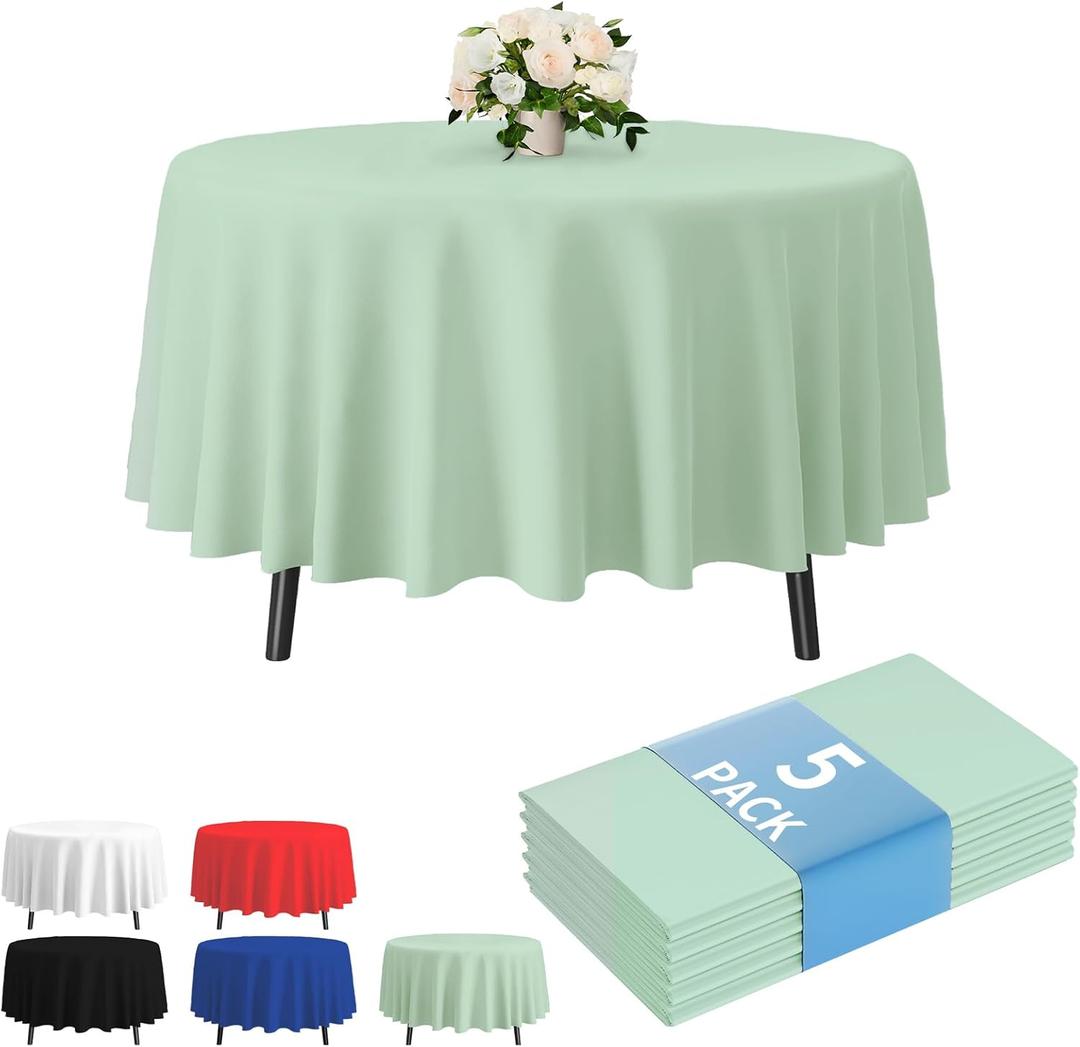 Fixwal Sage Green Round Plastic Tablecloth 5 Pack, 84in. Round Tablecloth Disposable,Party, Picnic, Easter Party, Decorative Tablecloths, Round Plastic Cover, Leakproof & Sturdy, Sage Green