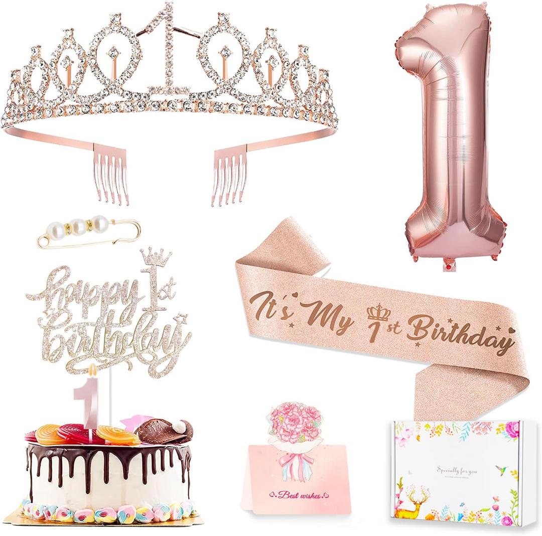 Awfrky 1st Birthday Decorations for Baby Girls, Including 1 year old Birthday Cake Topper, Queen Sash with Pearl Pin, Sweet Rhinestone Tiara Crown, Number Candles and Balloons