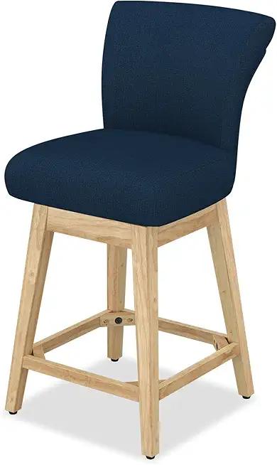 MUUEGM Counter Height Swivel Barstool with Back, 26.8 Inch Modern Fabric Swivel Barstools Chair for Kitchen Island, Dining Room, Pub Upholstered Fabric Solid Wood Legs Navy Blue Bar Stool