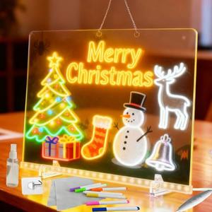 Large LED Drawing Board for Kids (13.7"x10") – 7-Color Glowing Doodle & Writing Board with 4 Light Modes & Adjustable Brightness, USB Powered (Adapter Not Included), Includes 7 Pens, Spray Bottle, 2 Cloths, Chain & Hooks – LED Message & Note Board fo