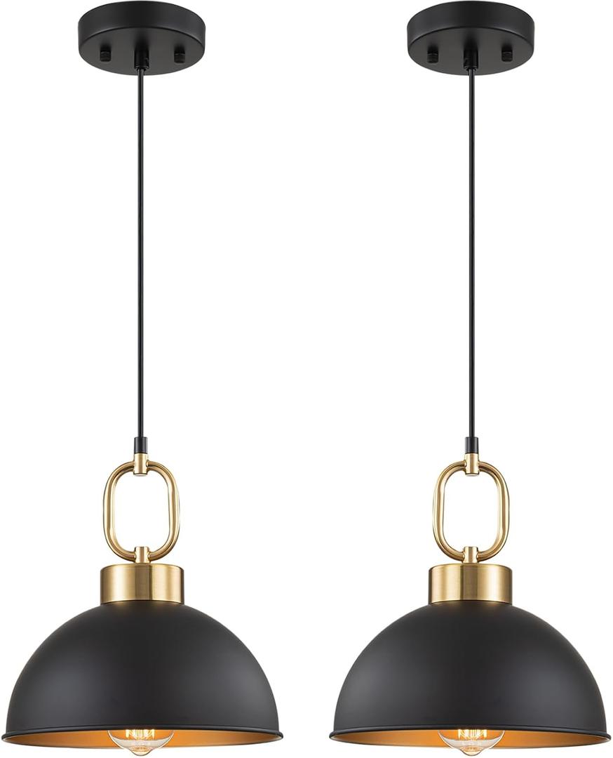 2 Pack Black Pendant Lights Kitchen Island, 10'' Farmhouse Industrial Pendant Light Fixtures, Adjustable Height Modern Dome Hanging Light for Kitchen Dining Room Entryway Bar, 10.2'' 2 Pack