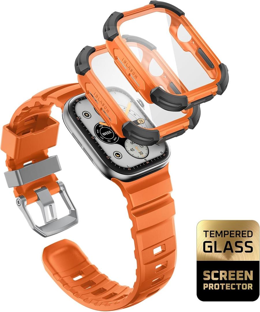 i-Blason for Apple Watch Series 11 band 10 band 46mm with 2 Cases [Built-in Tempered Glass Screen Protector], Sports Adjustable Silicone iWatch Band for Apple Watch Series 11 Series 10 [46mm], Coral