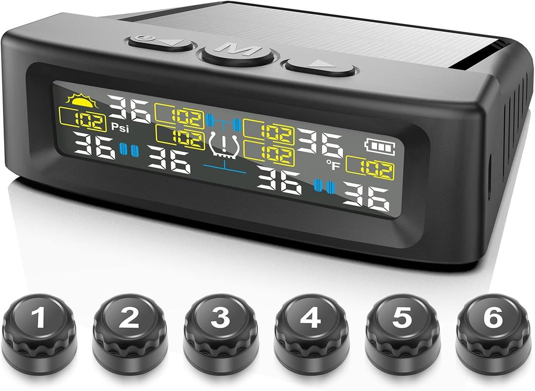 RV Trailer Tire Pressure Monitoring System w/Solar Charge,TPMS w/6 External sensors & 6 Alarm Modes,LCD Real-time Display,Auto Sleep Mode,Tire Pressure Sensors for RV Trailer Truck Pickup(0-144 PSI)