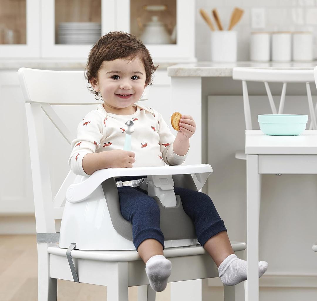 Regalo 2-in-1 Baby Floor Seat & Booster Seat with Tray, Sit-Up Support Chair for Infants & Toddlers, Portable Feeding Seat with Harness, Grow-with-Me Design, Indoor & Outdoor, White/Gray