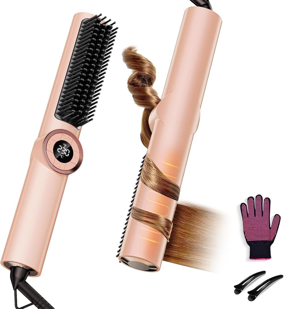 Hair Straightener Brush for Women: Negative Ionic 3-in-1 Curling & Straightening Brush, Ceramic Hot Comb with 15 Temps for Hair Styling, Gold