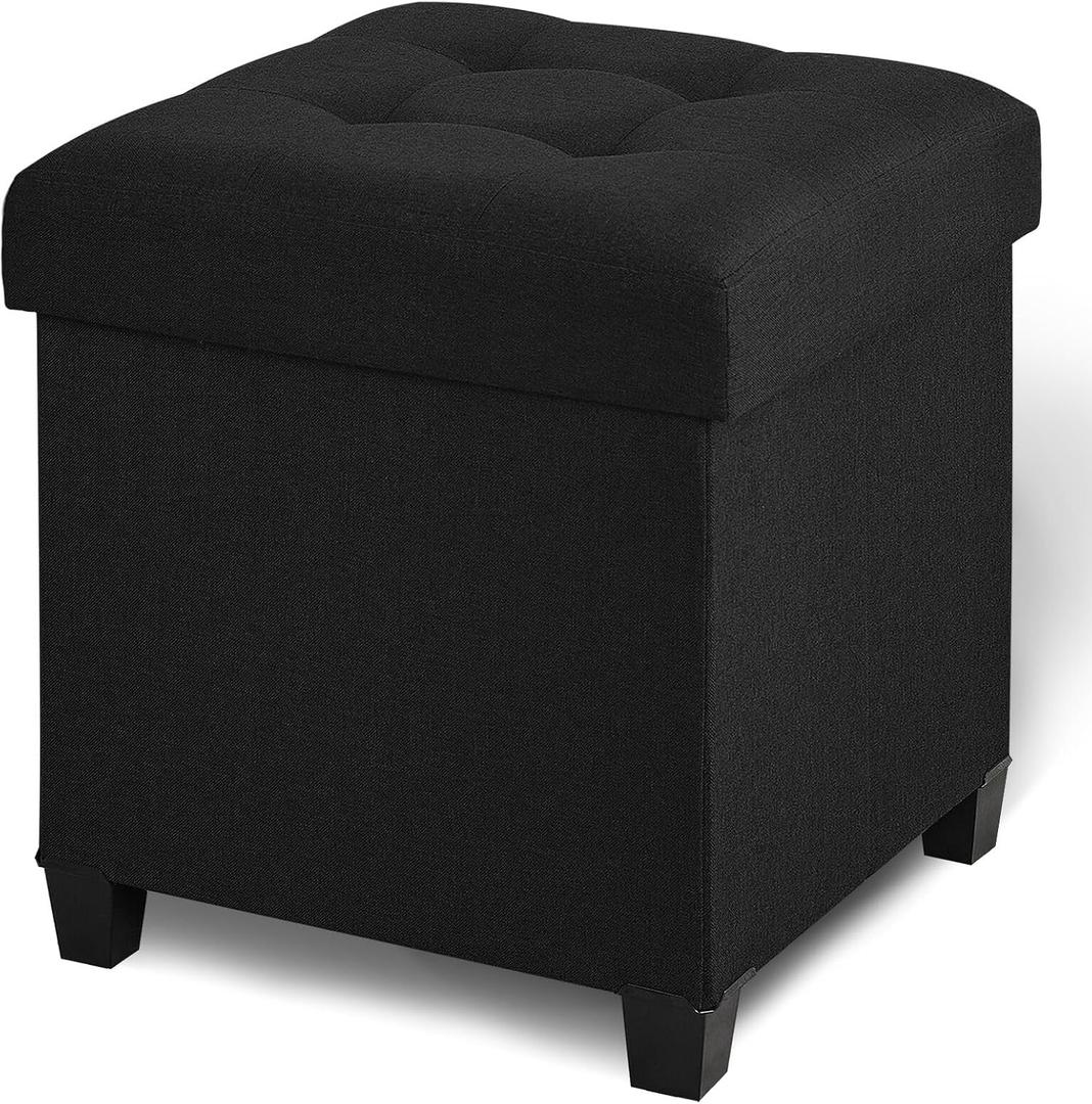 Ottoman with Storage, Square Storage Ottoman for Dorm, Linen Ottomans with Legs for Living Room, Bedroom, 17.7" D x 17.7" W x 19.9" H, Black