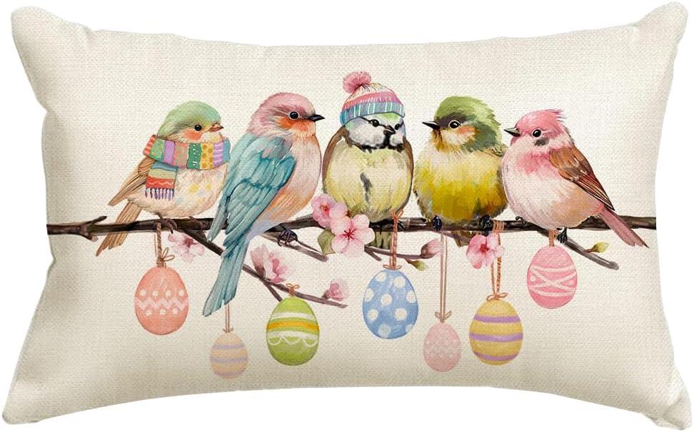 2 x RABUSOFA Easter Pillow Covers 12x20 inch Easter Decorations for Home Pink Birds Colorful Eggs Lumbar Throw Pillows for Bedroom Sofa Holiday Festivals Decor
