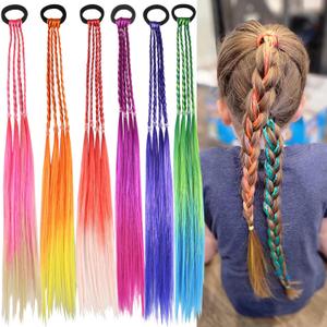 Girls' rainbow braid hair extensions, children's ponytail hair extensions, girls' hair accessories, challenging braid hair extension styles, 6 crazy Japanese accessory headbands (6PCS Colorful Braids)