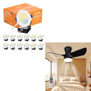 OPONL Black Flush Mount Ceiling Fan with Light 30inch, Large Air Volume and 12 Pack LED Recessed Lighting 4 Inch with Junction Box