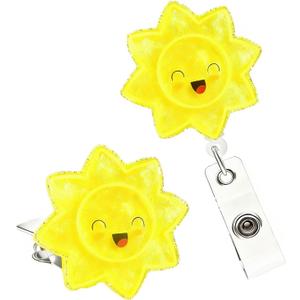 2 PCS Glitter Sun Badge Reel Retractable Acrylic Smiley Face ID Badge Holder with Alligator Clip for Social, Worker