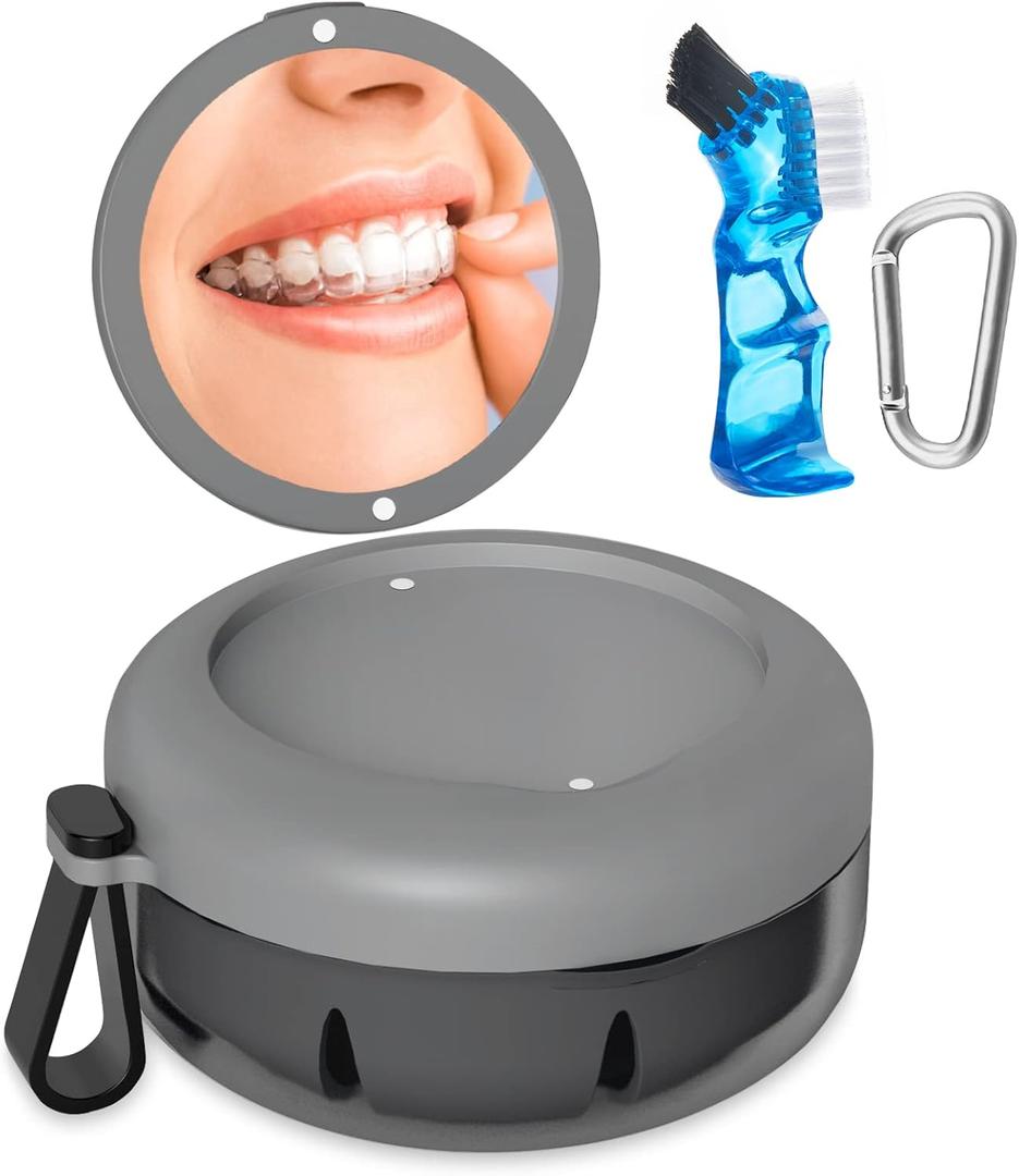 Denture Bath Case, Denture Cup, Leak-Proof Portable Retainer Case, Denture Cleaning Kit with Cleaner Brush, Denture Box with Strainer & Mirror, Denture Case for Aligner Retainer Mouth Guard (Gray)