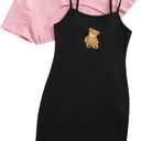 SOLY HUX Girl's 2 Piece Outfits Short Sleeve Crop Top and Cartoon Print Cami Dress Set (Pink and Black Bear)