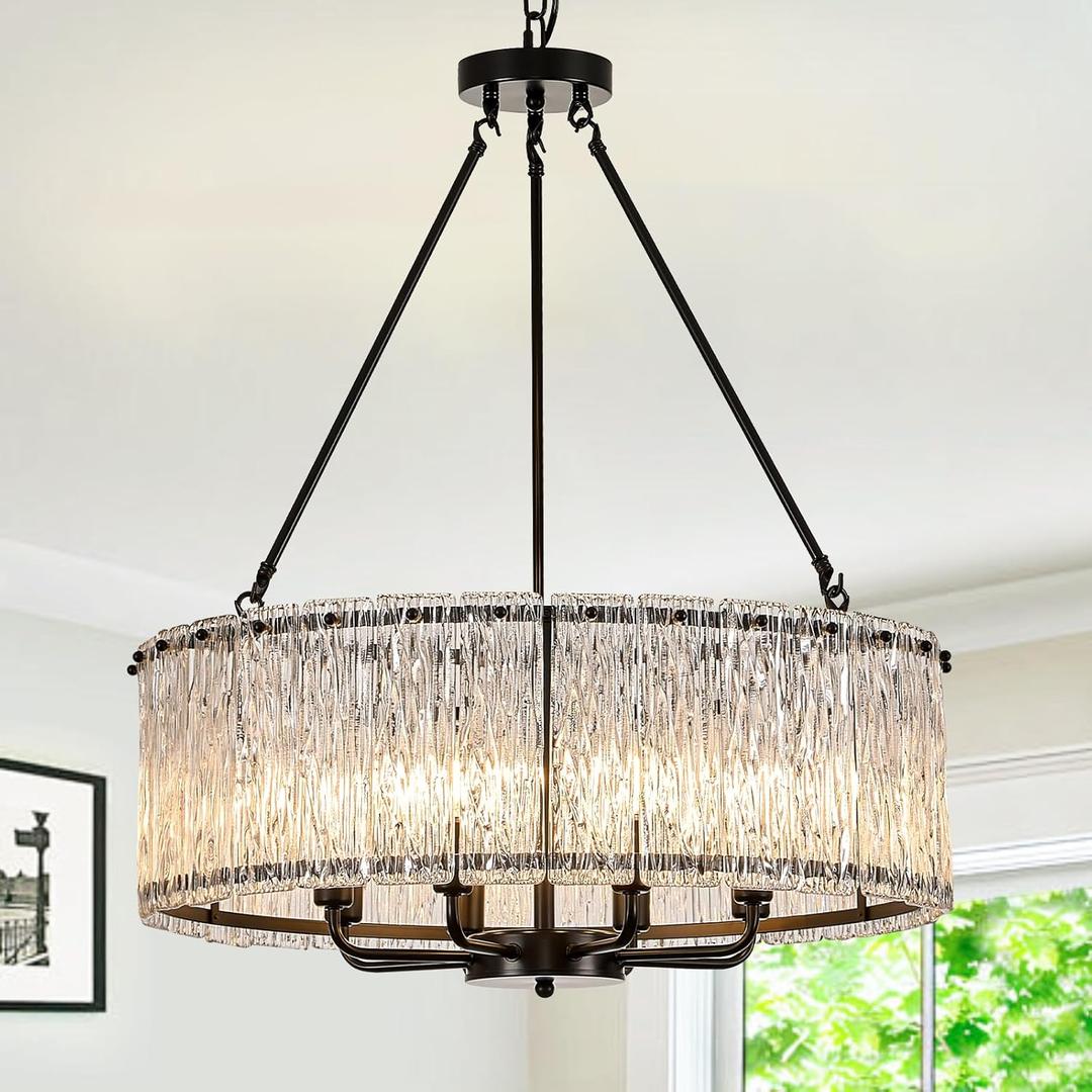 Modern Drum Chandelier 24.4" Black Crystal Glass Chandeliers 8-Light Luxury Ceiling Pendant Lighting Fixture for Dining Room Foyer Living Room Bedroom