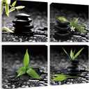 Bathroom Zen Wall Art Black and White Stone Green Plant Pictures Still Life Canvas Artwork Meditation Painting for Home Living Room Wall Decor 20"x20"x4 Pieces