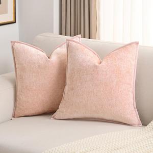 FUTEI Pink Chenille Throw Pillow Covers 22x22 Inch Set of 2,Soft Cozy Bound Edge Design Cushion Case,Home Decor for Couch Bed Living Room