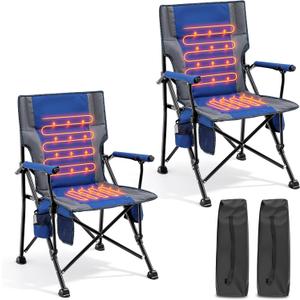 2 Pack Heated Camping Chair for Adults Outdoor Folding Heated Chair with Side Pocket and Cup Holder for Sports Lawn Hunting Picnics Patio Beach, Power Bank Not Included