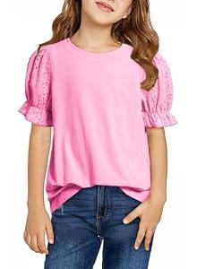 DOKOTOO KIDS Cute Shirts for Girls Puff Sleeve Tops Summer Hollow Out Short Sleeve Crewneck Knit Blouse Back to School Clothes Pink 10-11 Years XL