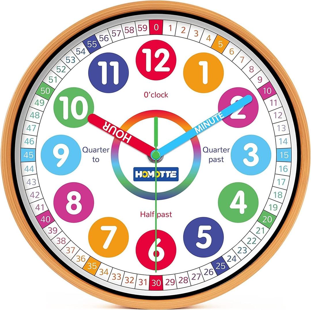 Kids Wall Clock for Bedroom, 10 Inch Round Multi-Colored Learning Clock, Children's Silent Analog Non-Ticking Educational Wall Clock for Boys and Girls Home Decor