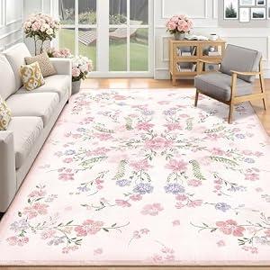 Castage Large Pink Floral Area Rugs 8x10 Washable Rug for Living Room Bedroom Dining Room,Boho Vintage Bohemian Distressed Farmhouse Non Slip Carpet,Blush Flowers Decor