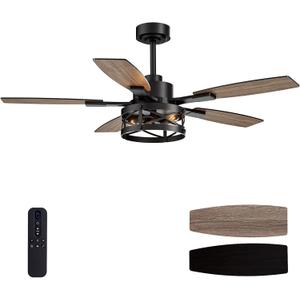 50 Inch Ceiling Fans with Lights and Remote & APP Control, Farmhouse Ceiling Fan with LED Lighting for Bedroom Living Room and Patio, Black Caged Ceiling Fan for Indoor and Outdoor (NO BULBS）