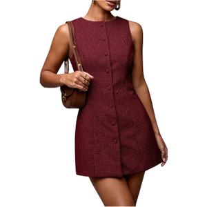 SOLY HUX Women's Plaid Button Down Dress Crew Neck Sleeveless Tie Back Work Office Mini Dresses Burgundy Plaid X-Small