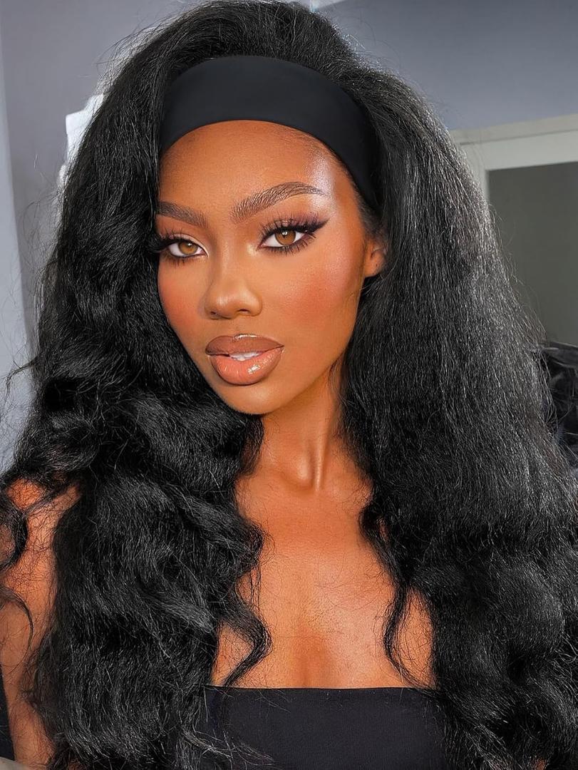 Yaki Wavy Headband Wigs for Black Women 26 Inch Black Kinky Straight Wear and Go Wig with Curly Wavy Ends Synthetic Glueless Half Wig with Headbands Attached Blow Out Style Natural Hair Texture