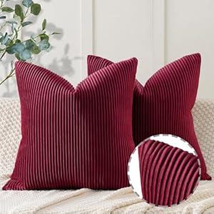 YCOLL Wine Red Pillow Covers 24x24 Set of 2 Velvet Striped Pattern - Soft Throw Pillows for Home Decor, Luxury Decorative Pillow Covers for Couch, Bed, Living Room